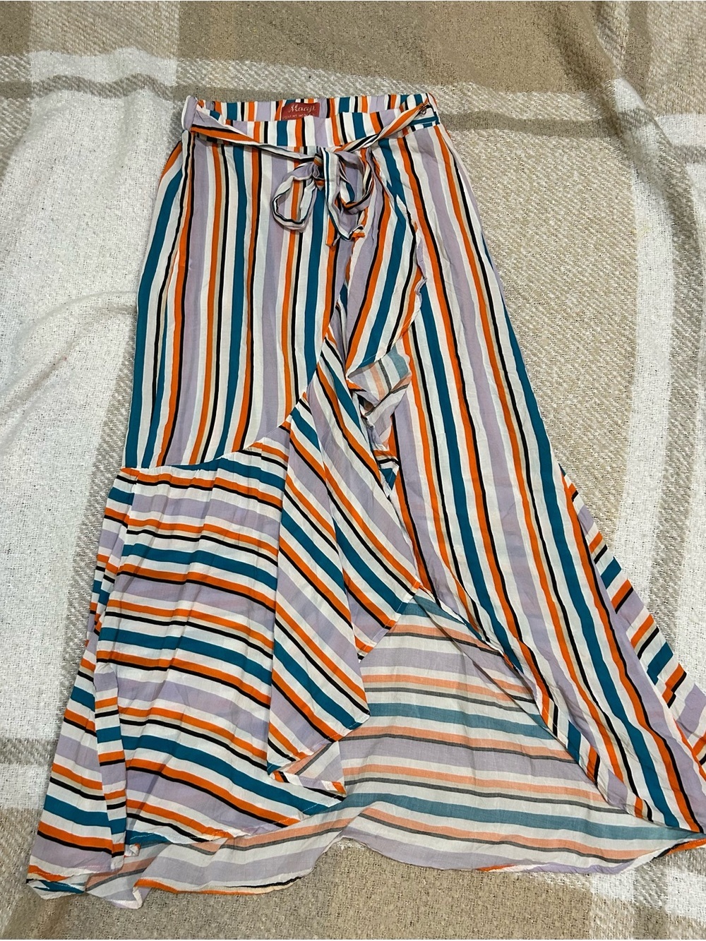 Maaji Multi-Stripe Maxi Wrap Skirt in Teal, Orange & Cream EUC